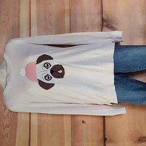 Loft 100% Cotton Cream Colored Sweater with Pug in Pink Hat, Women’s Small